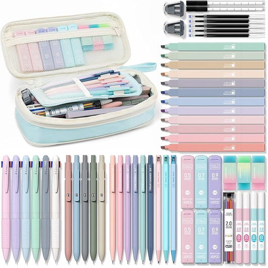 Four Candies 56 PCS School Supplies with Pencil Case, 6 Multicolor Pens, 12 Pastel Highlighters, 5 Gel Pens, 9 Mechanical Pencils for Student Back to School Stationery Set College Essentials (Blue)