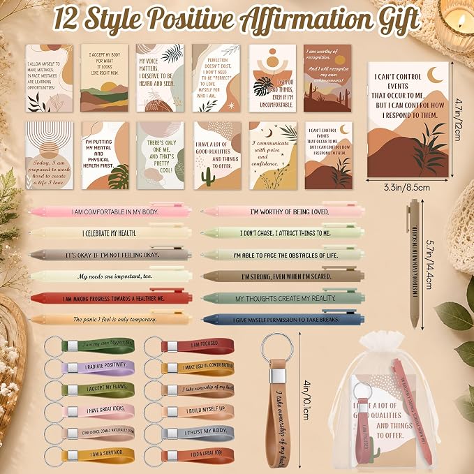 Mooliwe 24 Set Positive Affirmation Gift Set Gratitude Notebooks with Pens Keychains Small Bags Motivational Party Favors for Adult Women Coworkers Employee Group (Soft)