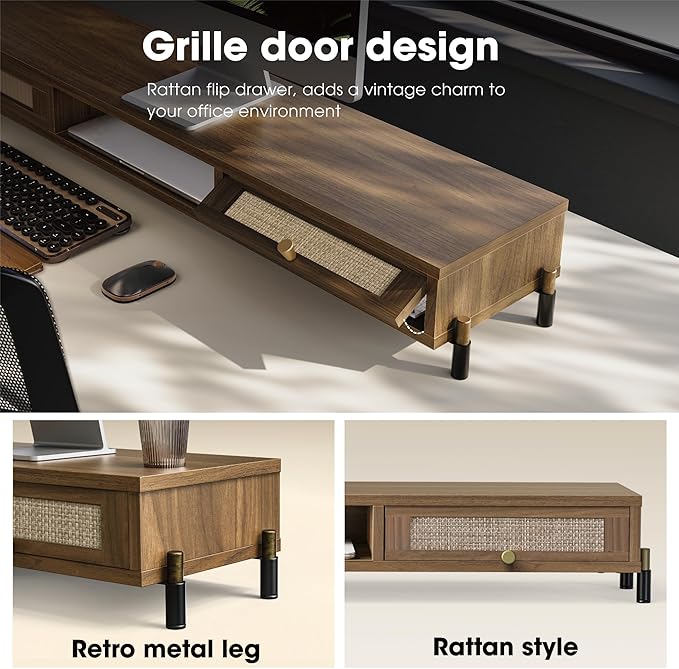 Fenge Dual Monitor Stand, Wooden Riser With Rattan Woven Flip Drawers | 2-Tier Monitor Riser, 42.5in Long Desk Shelf for 2 Monitors, Vintage Computer Stand for Laptop, Printer, TV, Brown