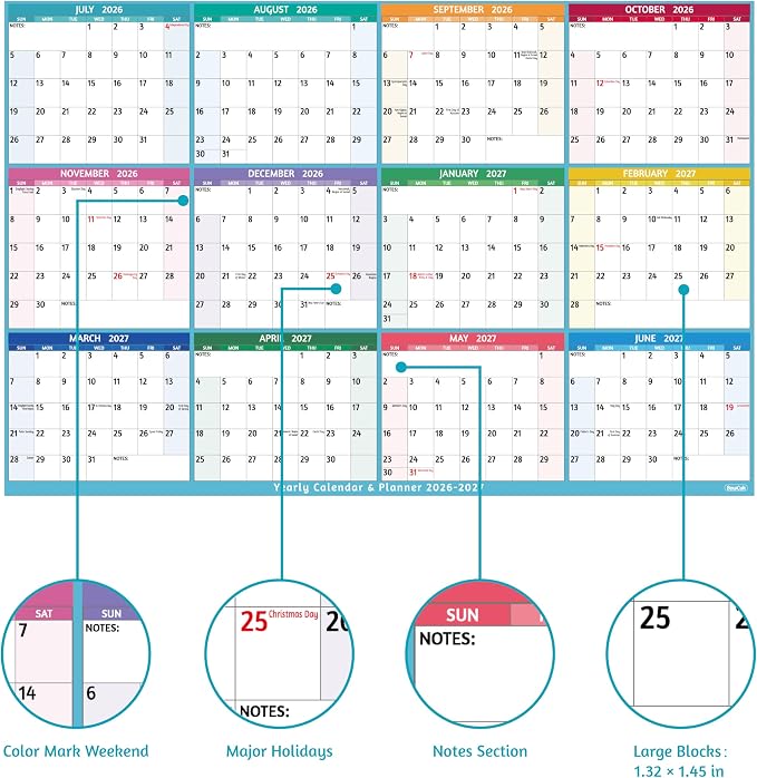 Yearly Wall Calendar 2026-2027 - Large Yearly Calendar, Jul 2026 - Jun 2027, 38.2" x 25.2" (Open), 2026-2027 Calendar, Large Wall Calendar, Full Year Paper Calendar with Notes, Thicker Paper – Multi