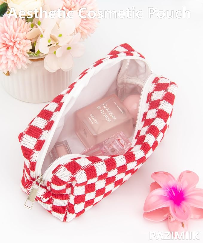 Checkered Makeup Bag for Purse, Small Travel Cosmetic Pouch,Christmas Red | Cute Zipper Makeup Organizer for Women, Travel Essentials, Toiletries, Makeup Brushes, Beauty Accessories&Bridesmaid Gifts