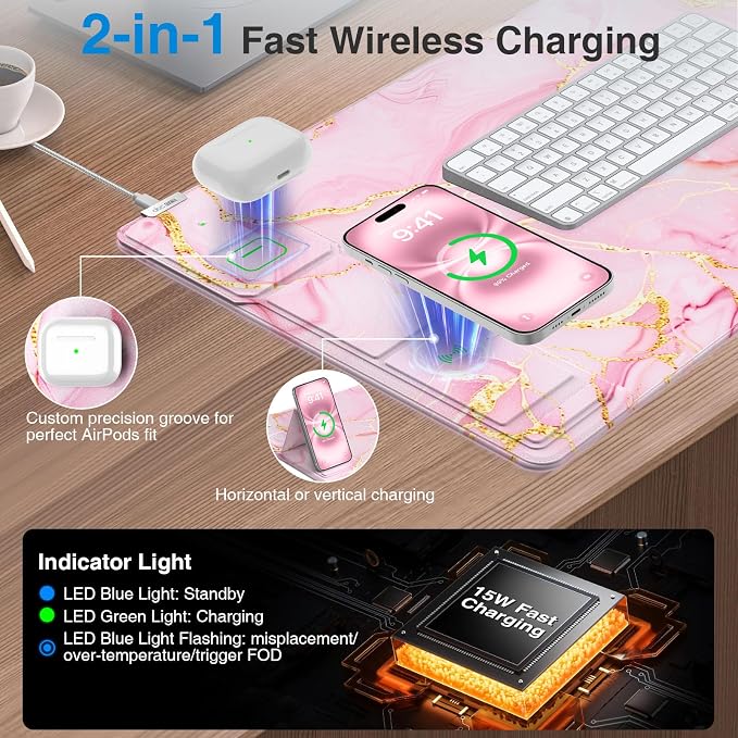 Wireless Charging Mouse Pad with Foldable Phone Holder, Pink Marble | 31.5"x15.8" Large Desk Mat for Laptop/Keyboard, Waterproof Ultra-Smooth Surface, Non-Slip Base