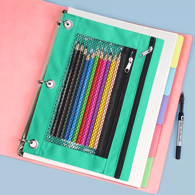 Pencil Pouch for 3 Ring Binders Zippered Pencil Case Canvas Pencil Bag with 2 Compartments (Set of 2, Pastel Green)