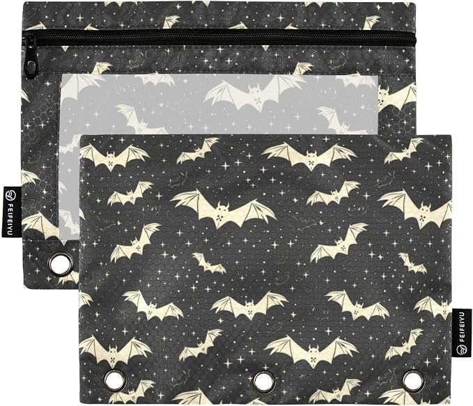 Binder Pencil Pouches, Bats and Stars Pencil Case with Clear Window 3 Rings Pen Case Holder School Office Supplies Cosmetic Makeup Bag
