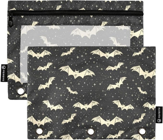 Binder Pencil Pouches, Bats and Stars Pencil Case with Clear Window 3 Rings Pen Case Holder School Office Supplies Cosmetic Makeup Bag