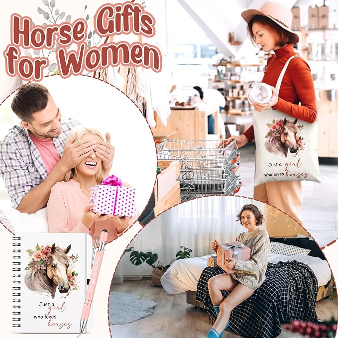 Kinlop 5 Pcs Horse Gifts for Women Include Just a Girl Who Loves Horses Tote Bag Canvas Cosmetic Bag Coil Notebook Keychain and Ballpoint Pen for Women Girls
