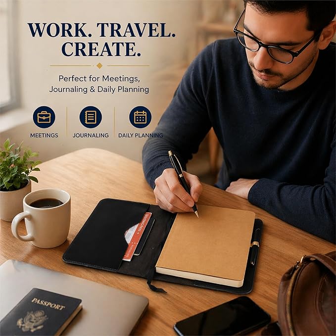 Premium Leather Journal Cover A5 – Handmade Refillable Notebook Cover Sleeve with Pen Holder for Writing, Travel & Business Use 5.75 x 8.25 (Black)