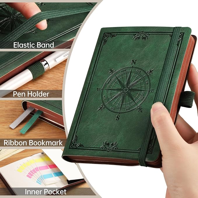 AHGXG Small Lined Pocket Notebook, 256 Numbered Pages, B6 (4.1'' X 5.7'') | College Ruled Mini Journal, Vintage Leather Softcover, 80gsm Paper, for Men Women Work Office School (Dark green)