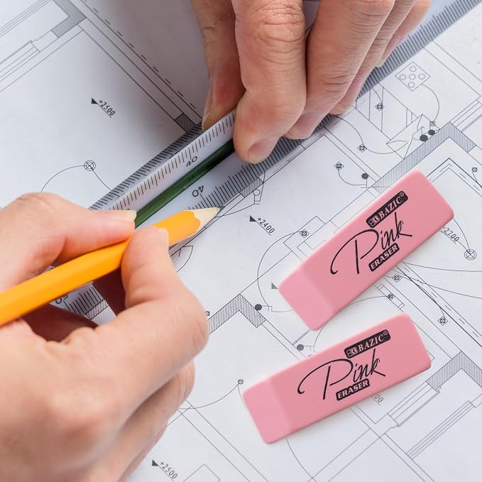 BAZIC Products Pink Bevel Block Erasers, Latex-Free, PVC-Free, 4 Count | latex-free and PVC-free, pink beveled block erasers, Clean erase, smudge-resistant, school, home