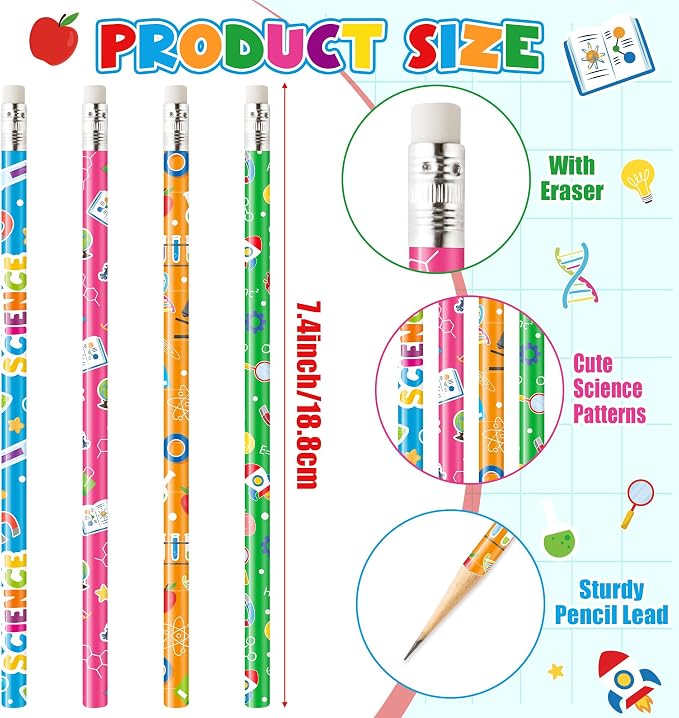 Xqumoi 60Pcs Science Themed Pencils with Eraser - Chemistry Biology Physics #2 HB Pencils, Science Lover Stationery Office Supplies Student Classroom Rewards Goodie Bag Fillers Party Favors
