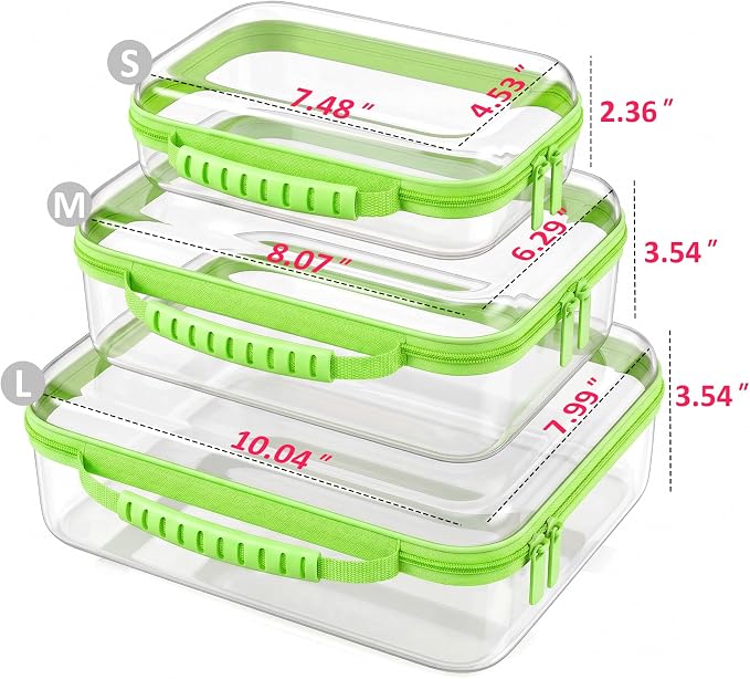 Large Toy Storage Bags with Handle,Clear Hard Shell Zipper Case, 3 Pcs Travel Toiletry Bag,Waterproof toys storage and Organizer Bags for Puzzles,Diapers,Cosmetics,Reusable Organizer Pouch (Green)