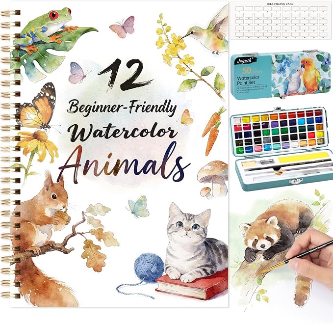Watercolor Workbook Animals, Water Coloring Book, 12 Different Patterns of Original DIY Designs, 50 Colors Watercolor Paint Set with Palette and Brush, Beginner-Friendly Watercolor Workbooks (Animals)