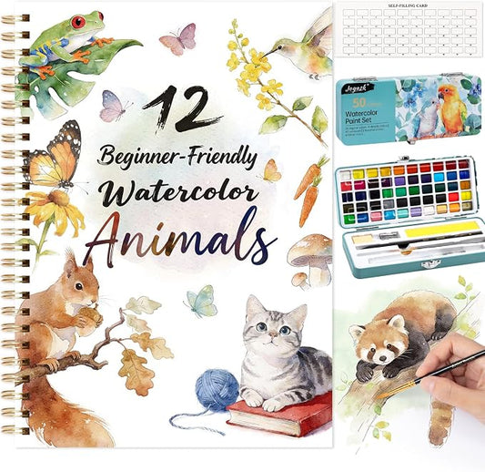 Watercolor Workbook Animals, Water Coloring Book, 12 Different Patterns of Original DIY Designs, 50 Colors Watercolor Paint Set with Palette and Brush, Beginner-Friendly Watercolor Workbooks (Animals)