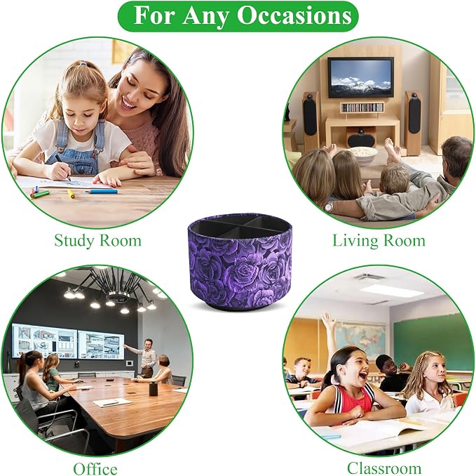 Round Leather Art Supply Organizer,Remote Control Holder,360 Degree Rotating,Multi-Functional Pencil Holder,4 Compartments Desktop Stationary Organizer(1-3D Rose Purple)