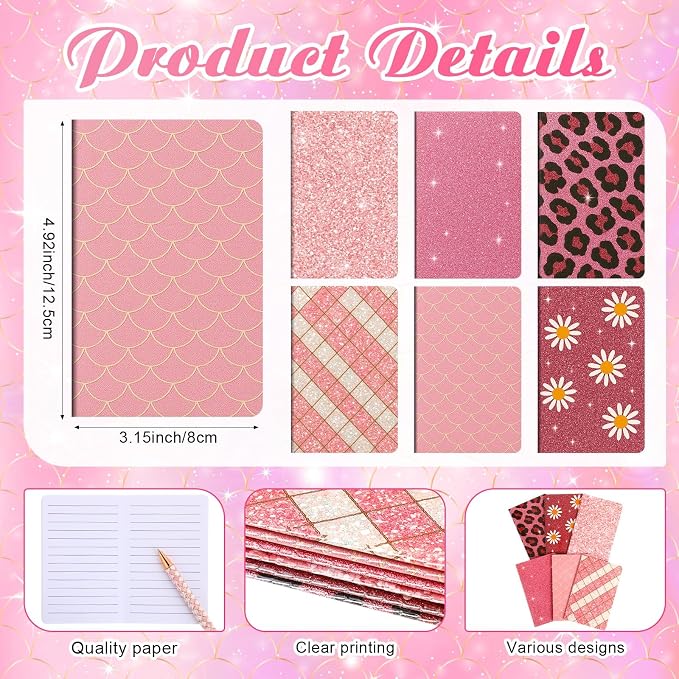 12 Set Cute Mini Notebook and Fancy Pen Gift Set for Women 6 Mini Glitter Pocket Notepad 6 Cute Sparkly Glitter Pen for Girl Office First Day of School Mother's Day Christmas Graduation(Pink)