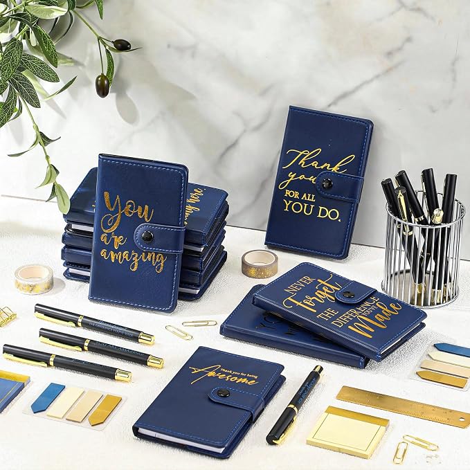 Dispowreath 10 Sets Thank You Leather Journal Notebook with Appreciation Ballpoint Pen Employee Gift for Teacher Nurse Coworker Team Office Staff Vet Tech Housekeeper (Navy Blue,Appreciation Sign)