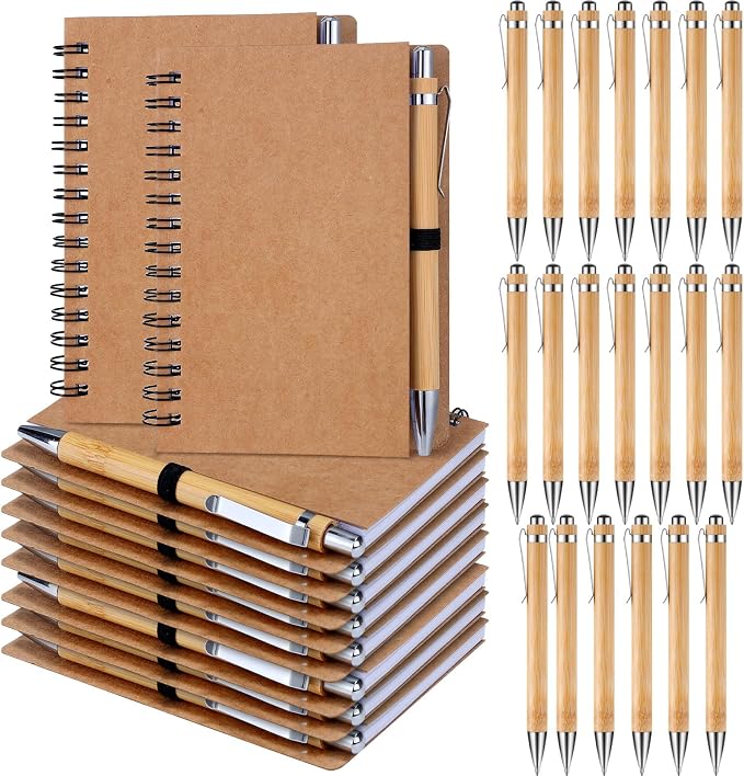 Engrowtic 20 Set Bulk Notebooks with Pens Appreciation Gifts, Spiral Kraft Pocket Notebooks Lined Journal with Bamboo Pens Personalized Gifts for Employee Teachers Father's Day Back to School Favors