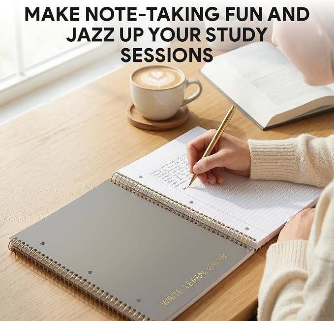 Decorably 5-Pack 140 Pages Gold Foiled Spiral College Ruled Notebook Set | 8x10.5in Spring Bound, 3-Hole Punched and Easy Tear-Off Perforated Design, Lined Pages - Work, School, Office