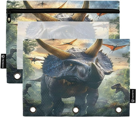 Triceratops Dinosaur Pencil Pouch for 3 Ring Binder 2 Pack Zipper Binder Pencil Bag with Clear Window Pencil Case for Office Supplies