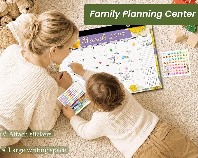 AECCN Desk Calendar 2026-2027, 18 Months Calendar-17" x 11.4" Flower 3 Pack | Large Space | 110G Anti Ink Bleed | Transparent Cover | with Stickers | Teacher supplies | Office Planning
