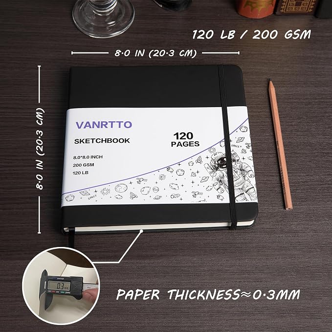 Vanrtto Hardcover Square Sketch Book, Mixed Media Sketchbook 8x8 Inch | Hardcover Square Sketchbook 120lb/200GSM Sketchbook Drawing Paper for Watercolor Mixed Media, 60 Sheets/120 Pages Sketch Pad
