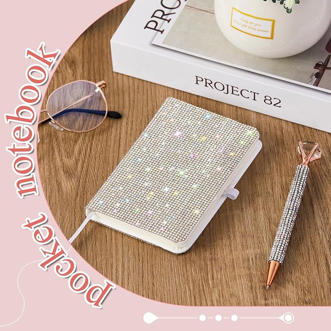 Rhinestone Pen & Glitter Notebook Set, Hard Cover Bling Diary Journal for Girls, Cute School Supplies for Back to School, Sparkly Desk Accessories Gift for Women(Rhinestone,A6,Silver)