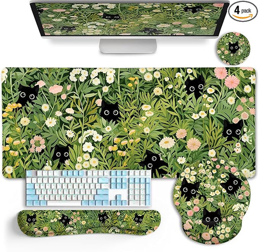 LIMKRIAN Cat Mouse Pad with Wrist Rest, Green Office Desk Accessories | Desk Mat Sets Accessories, Gaming Ergonomic Mouse Pad Wrist Support, Keyboard Mat Wrist Rest, Cup Coaster, Cute Desk Decor