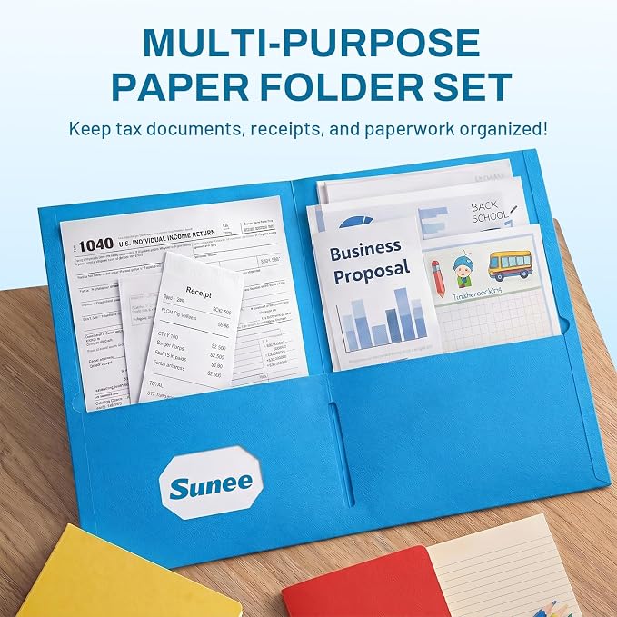 SUNEE Two Pocket Folders, 50 Pack File Folders with Business Card Slot, Textured Paper, Fit Letter Size Paper, Paper File Folder for School Office Home Business, Blue