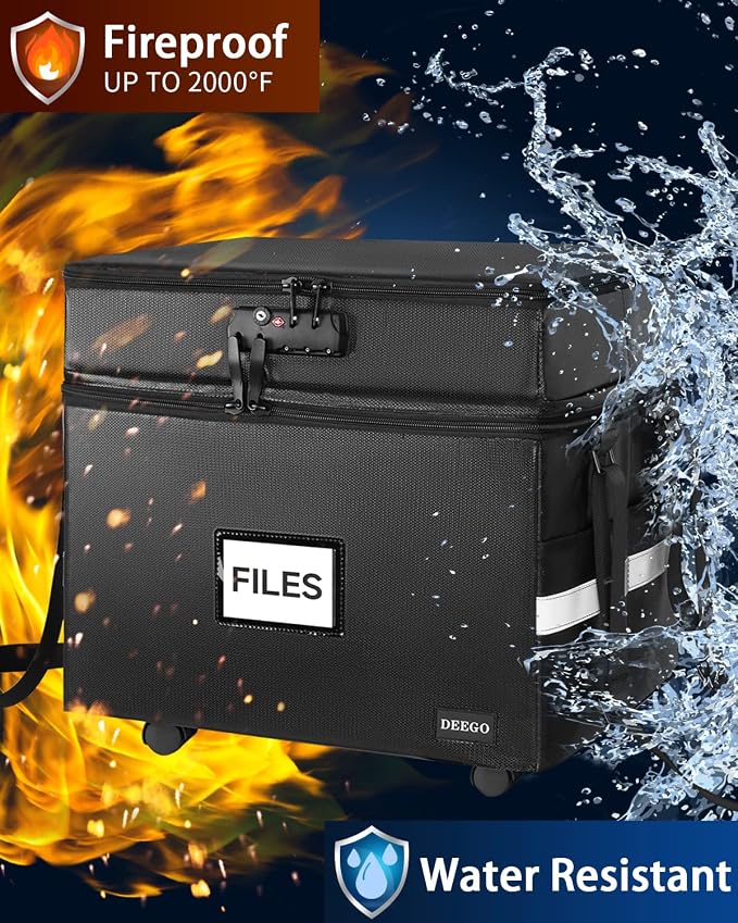 DEEGO 3 Layer Rolling File Box, Fireproof Document Box with Wheels | Multi-Layer Water-Resistant File Organizer Portable file Cabinet for Home Office for Hanging Letter/Legal Folder