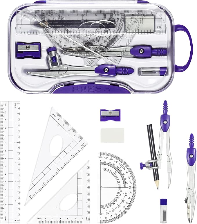 Unjoo Geometry Set 10 Pcs Student Supplies, Protractor and Compass,Purple | Shatterproof Storage Box,Rulers,Protractor,Compass,Eraser,Pencil Sharpener,Lead Refills,Pencil,for Classroom, Back to School