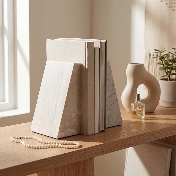 Natural Marble Bookends for Shelves,Office bookends for Heavy Books. Unique Brown Book Ends, Set of 2,Heavy Duty (Grayish-White)