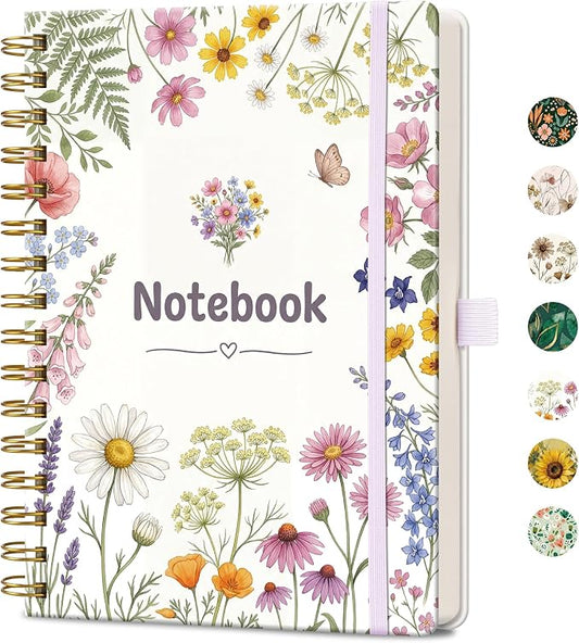 AHGXG Spiral Journal Notebook, 160 Lined Pages, A5 Size (5.7'' x 8.3'') | for Women, Journaling, Writing, Work & Office, Hardcover, 100 GSM Thick Paper (Wildflower Botanical)