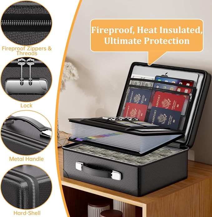 DocSafe 6400°F Fireproof Document Box with Lock, 10 Layers Heat Insulated | Fire&Water Resistant, Hard Case Safe Box with Zipper＆Multi Pockets, Protects Personal Items,Documents,Laptop,Passport, Black