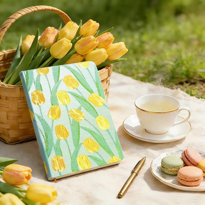 Tulip Gifts, Floral Journal, Cute Notebook, Embroidered Flower Cover, A5, Lined Paper, Wide Ruled, Hardcover, Lay Flat, Journal for Women, Pretty, Garden Journal, Tulips