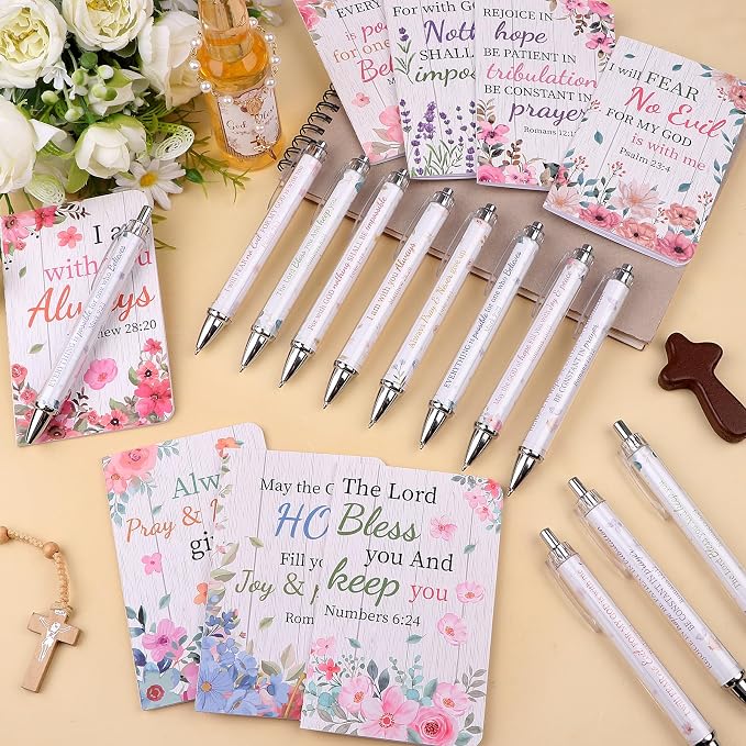 32 Pcs Flower Bible Verse Ballpoint Pens Notebooks Set Christian Gifts Bulk for Women Men Religious Gift Notepad Ink Pen Inspirational Church Party Favors for Colleague Coworker Office School