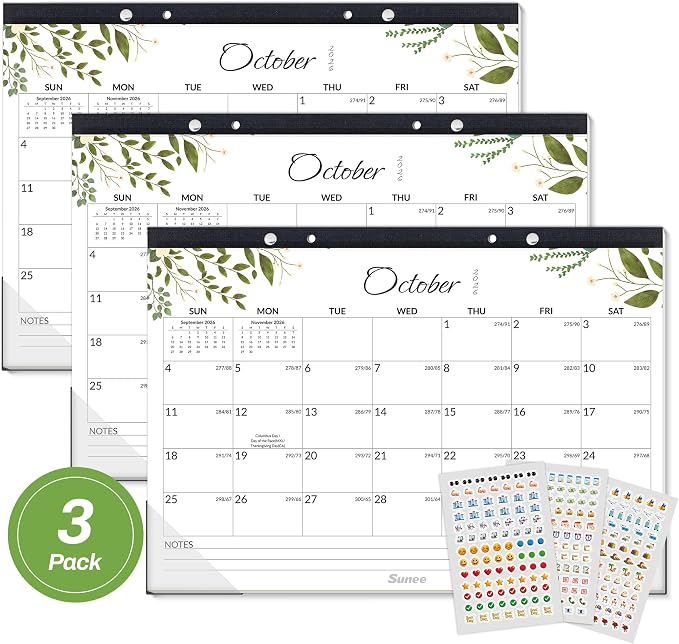 SUNEE Desk Calendar 2026-2027 3 Packs - 18 Month Calendar Oct 2026 - Mar 2028, 17" x 12" Desktop Calendar with Notes, for Planning, Organizing in Family, School or Office - Greenery 2026-2027 Calendar