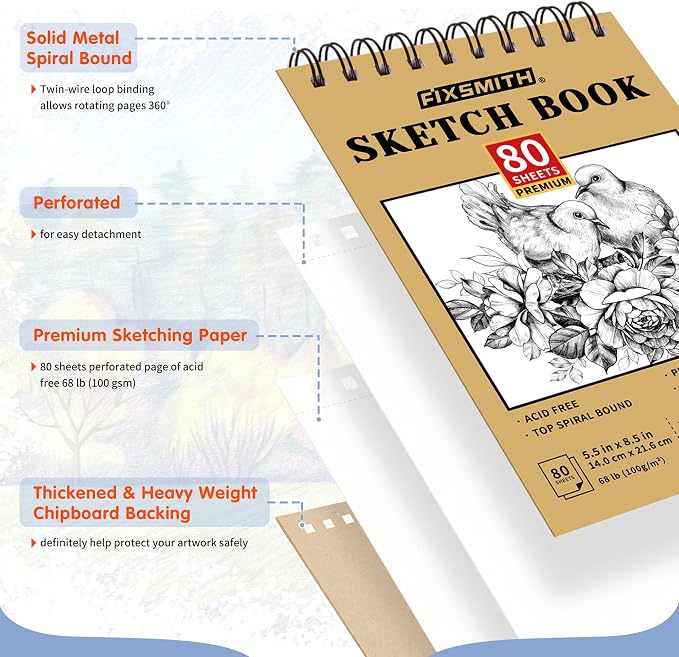 FIXSMITH 5.5"X8.5" Sketch Book | 160 Sheets (68 lb/100gsm) | 2 Pack Sketchbooks | Top Spiral Bound Artist Sketch Pad | Acid Free Drawing Pad | Ideal for Kids,Beginners,Artists &Painters | Bright White