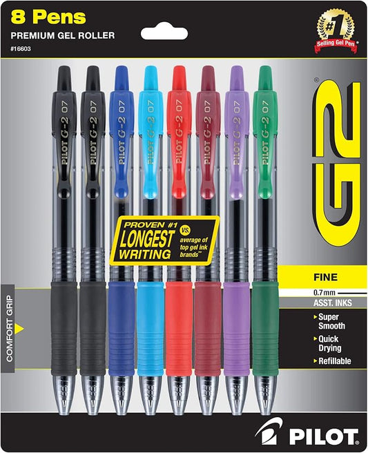 Pilot G2 Premium Refillable and Retractable Gel Ink Pens Fine Point (0.7mm), Retractable Pens, 7 Colors, 8 Count