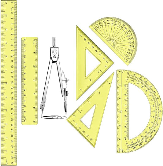 Zonon 7‑Piece Geometry Set with Drawing Compass, 6 & 4 Inch Protractors, Triangle Rulers and Straight Rulers, Transparent Math Drafting Supplies for Back to School, Students and Office Use(Yellow)