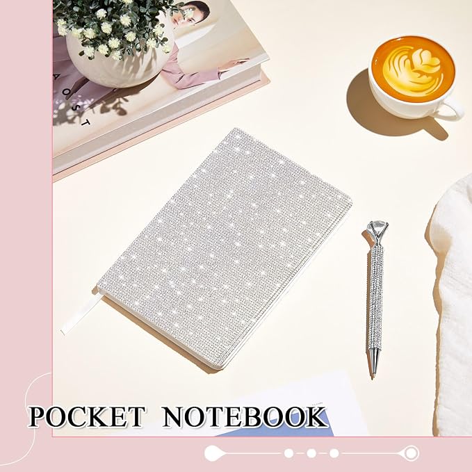 Resholder Rhinestone Pen & Glitter Notebook Set, Hard Cover Bling Diary Journal for Girls, Cute School Supplies for Back to School, Sparkly Desk Accessories Gift for Women(Rhinestone,A5,White)