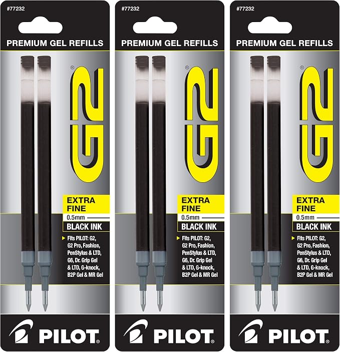 Pilot, G2 Gel Ink Refills, Extra Fine Point 0.5 mm, Black, Pack of 6