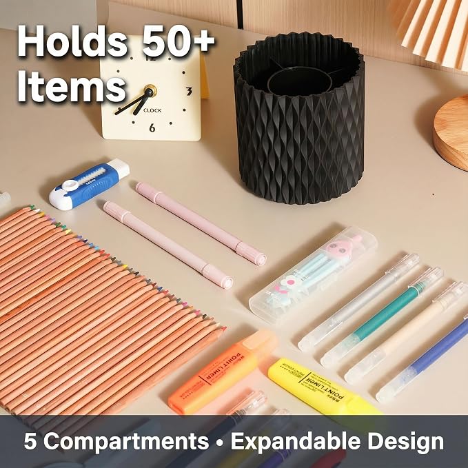 Black Pen Holder for Desk, 360° Rotating Pencil Organizer, 5 Slots | Spinning multi-use organizer for pens, makeup brushes, art supplies, markers - desk caddy for office