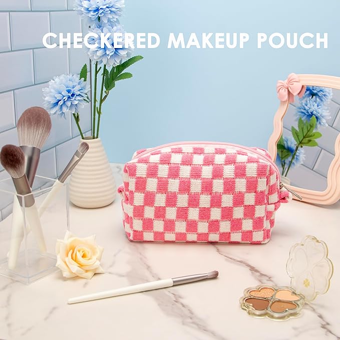 Checkered Makeup Bag for Purse, Small Cosmetic Pouch,Mix Color,6 Pack | Cute Zipper Makeup Organizer for Women, Travel Essentials, Toiletries, Makeup Brushes, Beauty Accessories&Bridesmaid Gifts