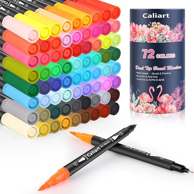 Caliart 72 Colors Double Tip Brush Pen Art Markers for Adult Coloring Books | Artist Fine & Brush Coloring Markers for Journaling Calligraphy Lettering Planners Drawing Teacher Office Art Supplies