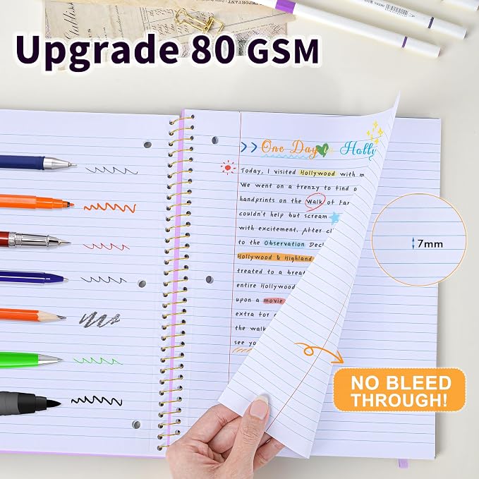 Spiral Notebook College Ruled Paper 8" x 10-1/2", 1 Subject Spiral Notebook 80GSM Paper, 3-Hole Punched Perforated Pages Ideal for School, Office, Writing, 75 Sheets Lined Journaling Notebook, Purple