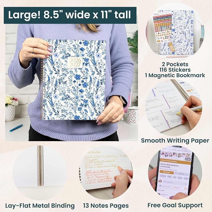 bloom daily planners 2026-2027 Planner (8.5” x 11") 13 Month Academic Organizer (July 2026 - July 2027) - Weekly & Monthly Agenda Book with Stickers & Tabs - Blue & White Floral