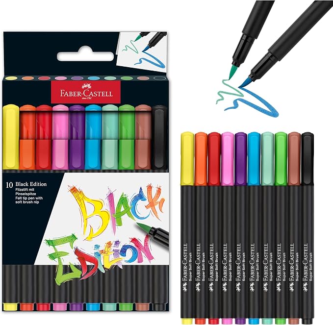 Faber-Castell Black Edition Felt Tip Pen with Soft Brush Nib, Markers for Adult Coloring Lettering Drawing, Artists Calligraphy Tool (Pack of 60)