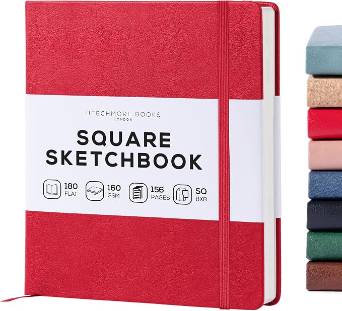 Beechmore Books Square Mixed Media Sketchbook - 8"x8" Professional Art Journal, 160 GSM / 98 lb Ivory Paper, Perforated Pages, Vegan Leather Hardcover, Lay-Flat Design for Drawing & Doodling