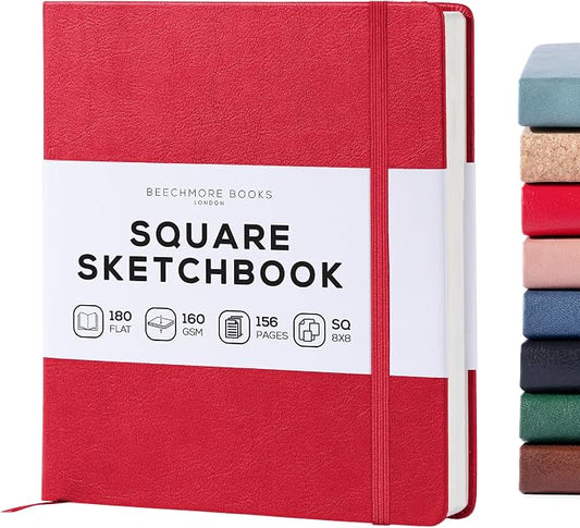 Beechmore Books Square Mixed Media Sketchbook - 8"x8" Professional Art Journal, 160 GSM / 98 lb Ivory Paper, Perforated Pages, Vegan Leather Hardcover, Lay-Flat Design for Drawing & Doodling