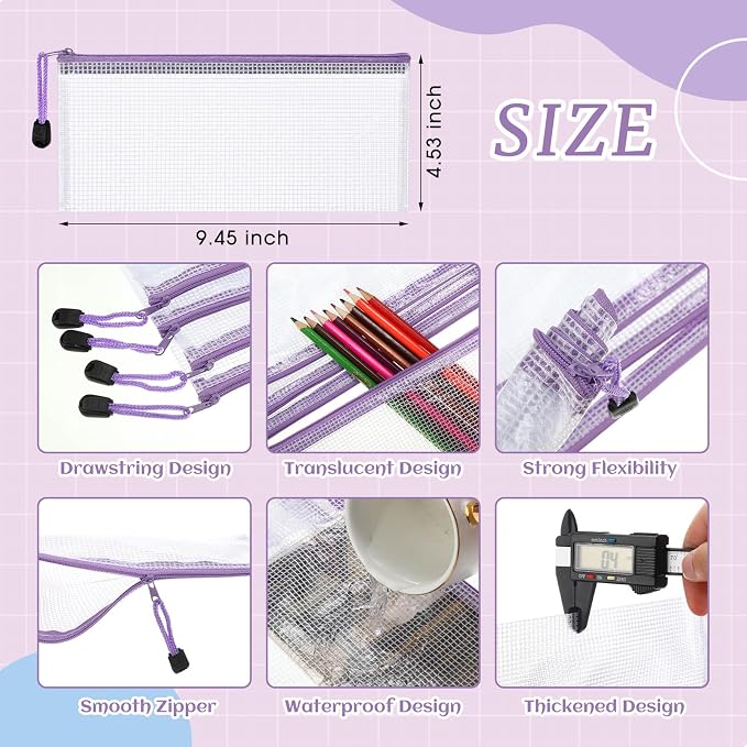 Zhehao 200 Pieces A6 Mesh Zipper Pouch Bulk Mesh Bags with Zipper Waterproof Small Pencil Pouches for Office Supplies Organization 9.4 x 4.5 Inches(Purple)